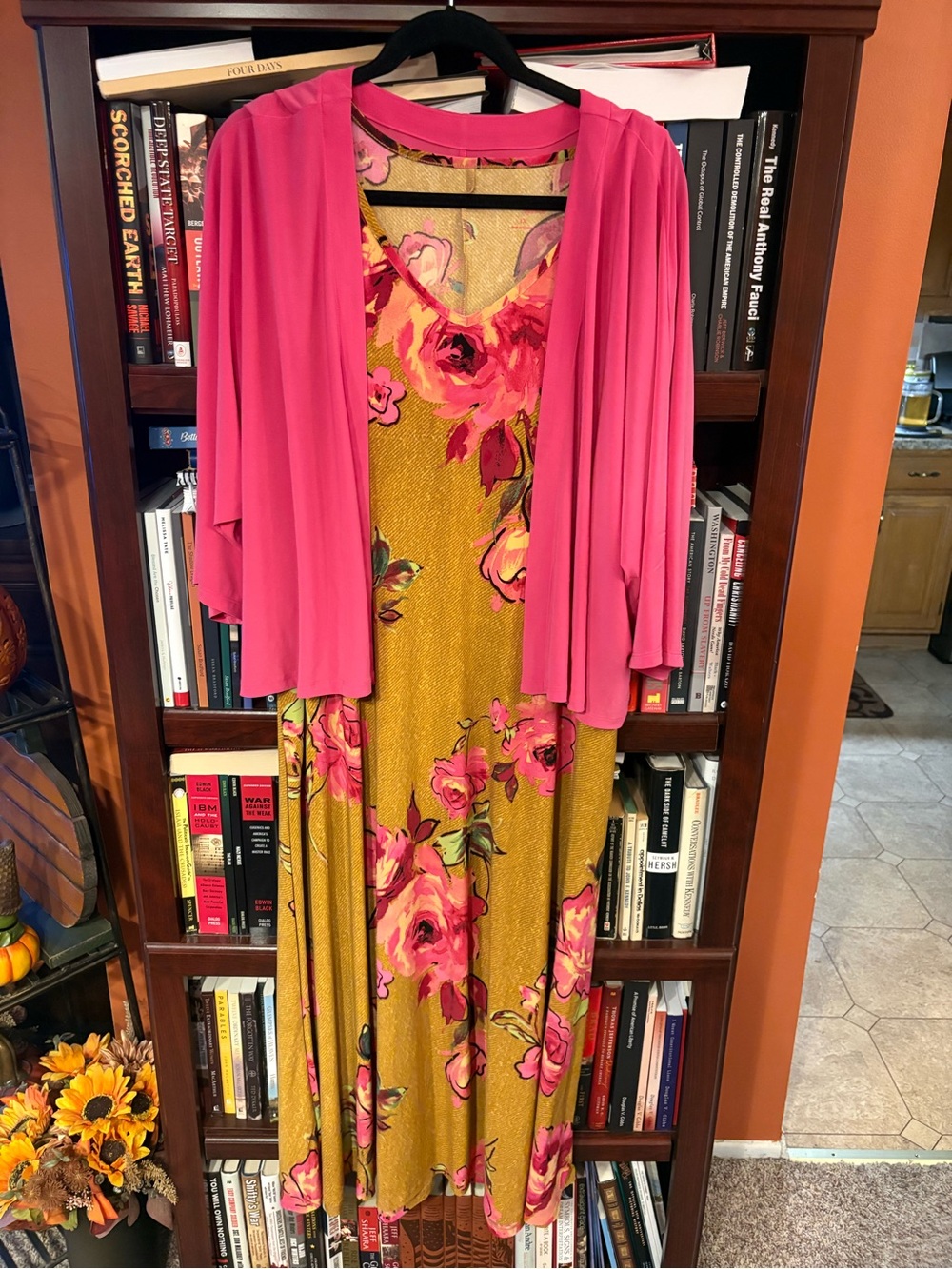 Attitudes by Renee Rose-Print Mustard Midi Dress with Overlay